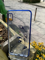 Луксозен силиконов гръб ТПУ Fashion ELEGANT пауново перо с 3D камъни за Samsung Galaxy A10 A105F син кант
